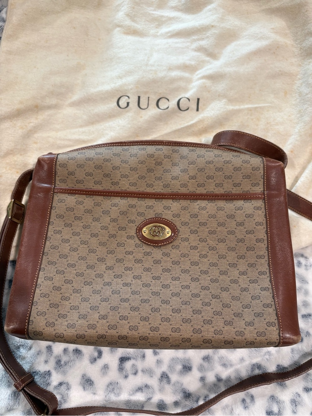 Gucci Tan & Brown GG Canvas Messenger Bag with Gold-Tone Logo